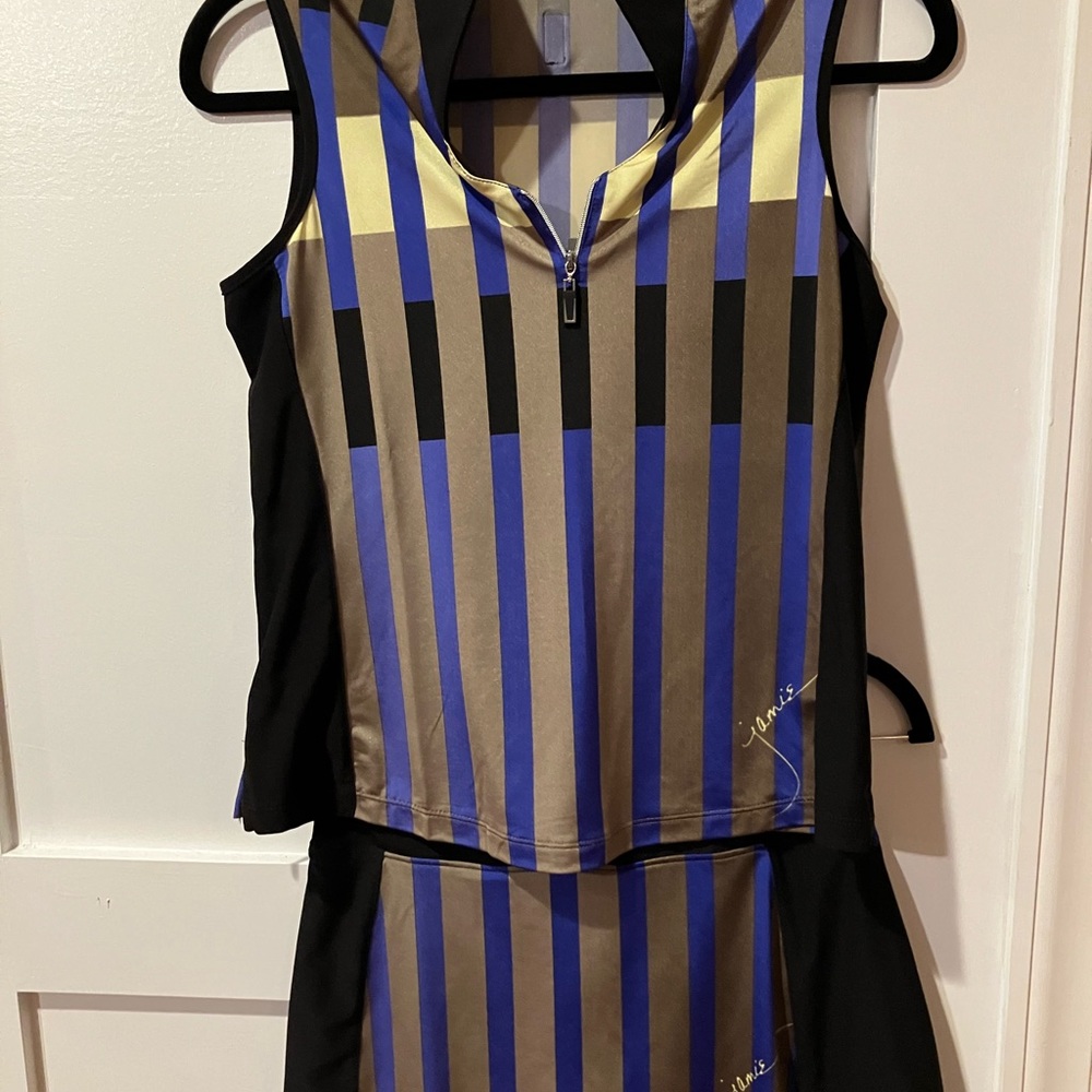 Jamie Sandock Sleeveless Shirt Skirt Set Golf XS Stripes Gray Green Purple Black